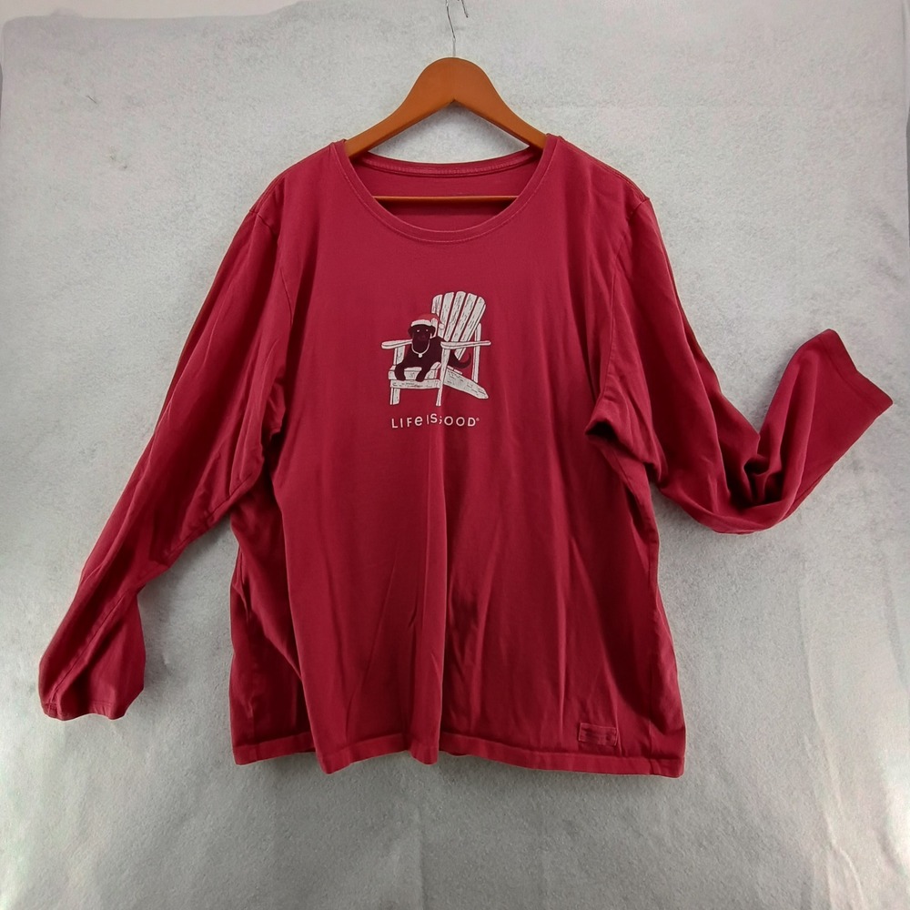 Life is Good Womens Long Sleeve Crusher Tee Santa Dog Red Cotton XXL Good